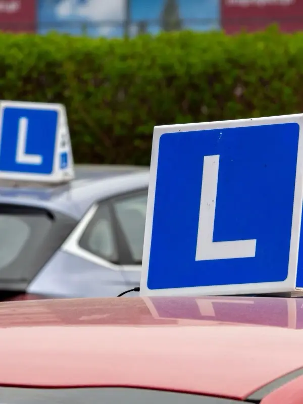 Driving-school cars with roof signs on the training lot